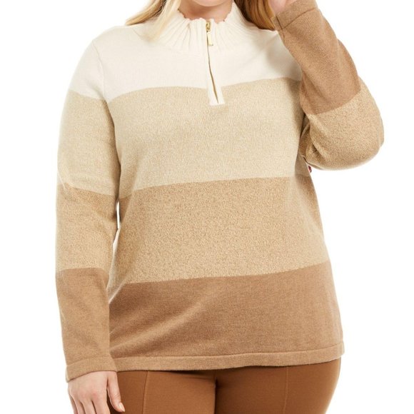 Striped Cotton 1/4-Zip Sweater Ombre Sz Large Tan - Picture 3 of 10